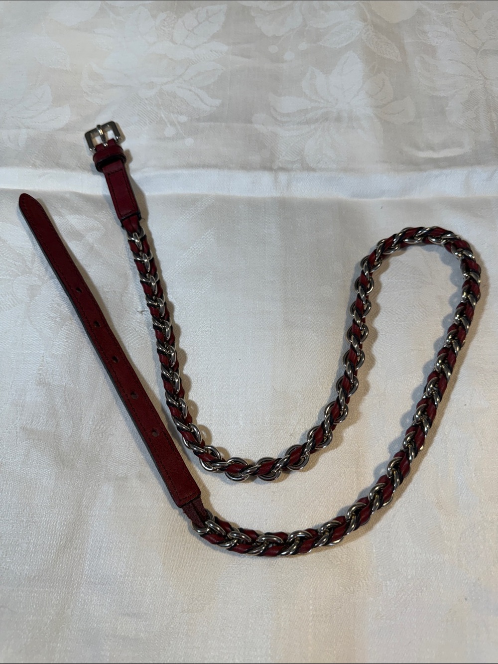 Massimo Dutti Burgundy/ Brown Leather & Silver Chain Belt Size 70 XS